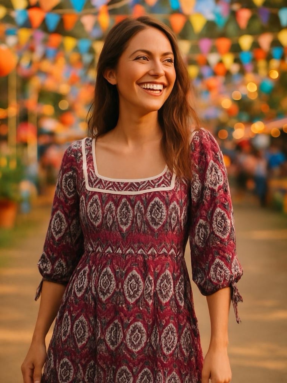 Umgee Boho Paisley Ikat Mini Dress Burgundy Blue Crochet Trim Square‎ Neck A1543